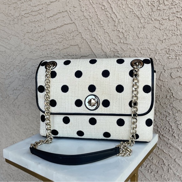 KATE SPADE Black & White Polka Dot Textured Natalia Chain Strap Flap Satchel Bag - Picture 1 of 17